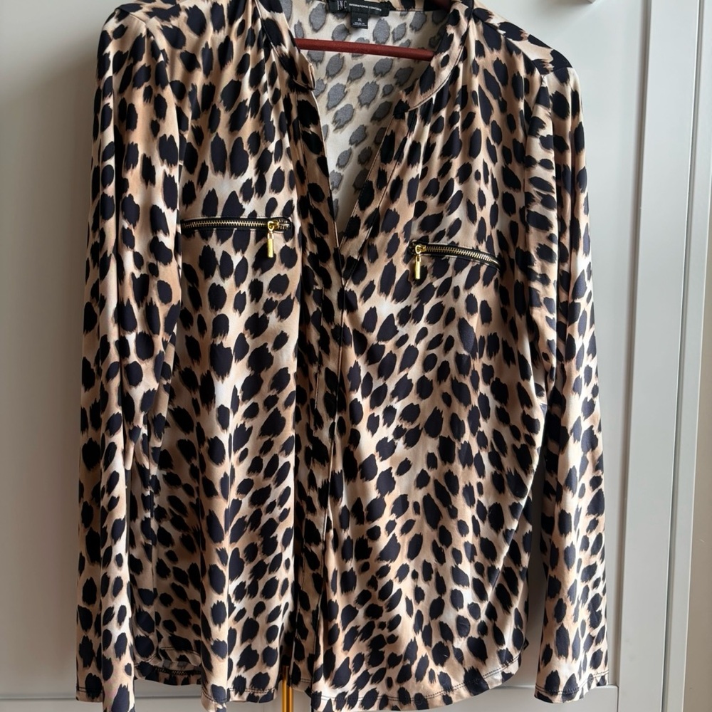 INC International Concepts Beige and Black Leopard Print Button-Down Shirt